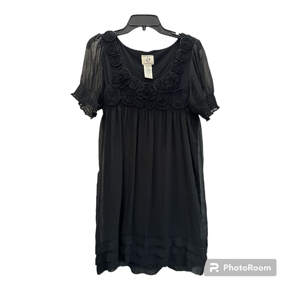 ICE Women’s Black Babydoll Dress Short Sleeves Embellishment Lined 10
